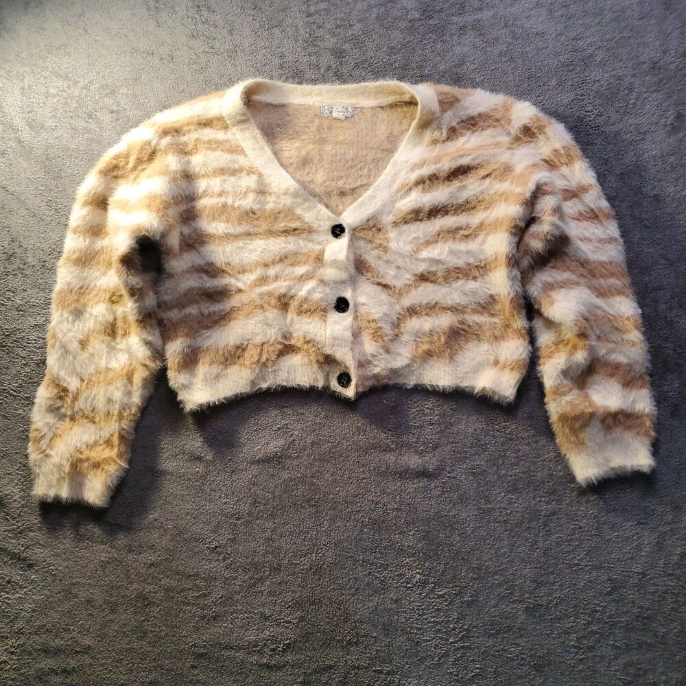 Endless Blu Cropped Faux Fur Soft Zebra Tiger Striped Brown Sweater Indie Sleaze